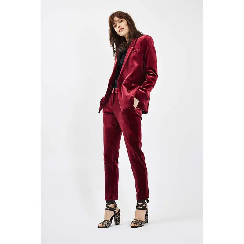 

New Burgundy 2 Piece Women Business Suits Velvet Ladies Office Uniform Trouser Pant Suits B167