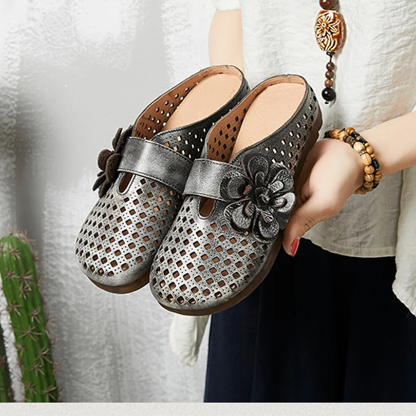 Женские тапочки из натуральной коровьей кожи с цветами Классическая Летняя