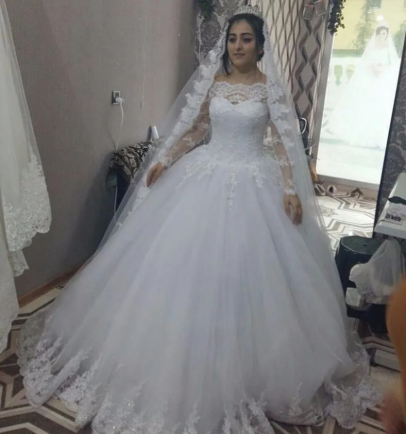 

Свадебное платье с вырезом лодочкой, бальное платье с длинными рукавами и аппликацией из тюля, кружевное свадебное платье со шлейфом, 2021