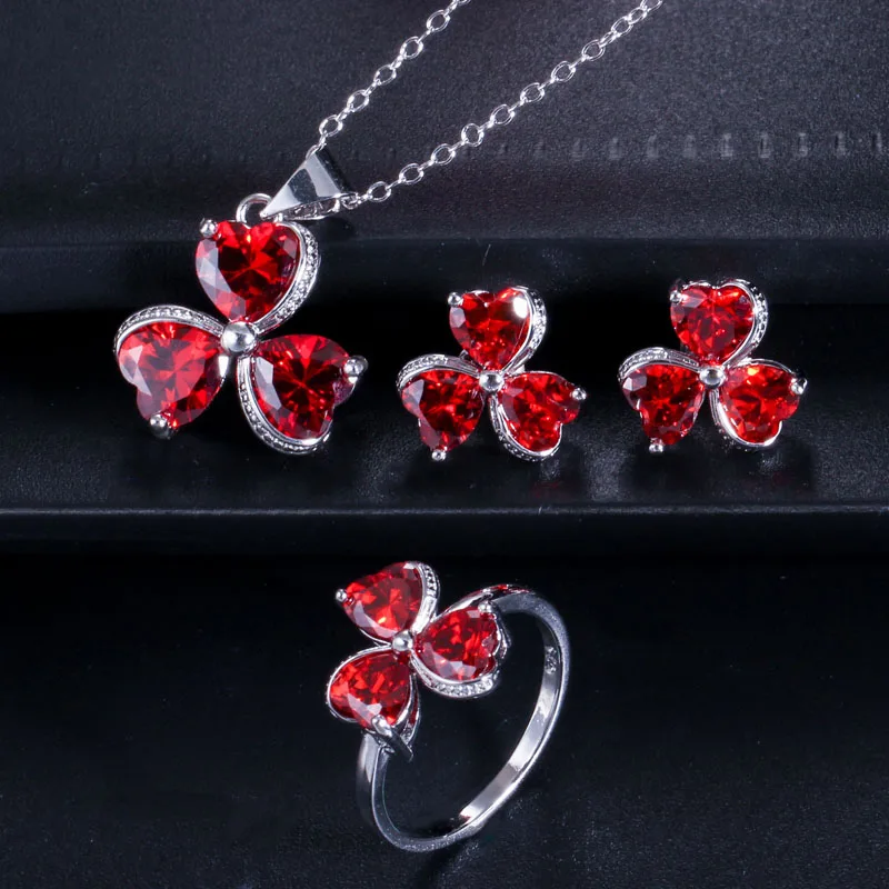 red CWWZircons Милая любовь сердце форма микс фиолетовый розовый кубический цирконий камень кольца ожерелье серьги Модный Дамский ювелирный набор T329 - Окраска металла: red