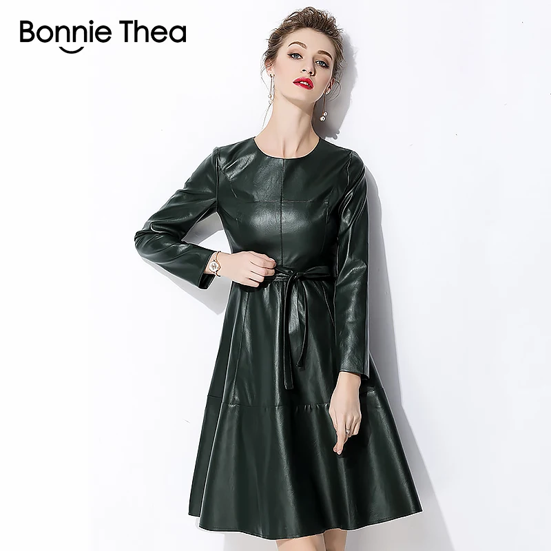 Женское кожаное платье vinter черное элегантное короткое осеннее с мехом вечерние