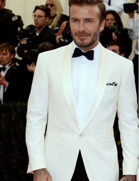 David Beckham 2017 White Ivory Groom Tuxedo Satin Shawl Lapel 2 Piece Mens Wedding Prom Dinner Suits (Jacket Pants) Custom Made