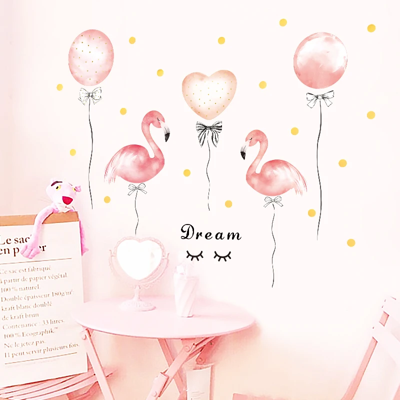 

Dormitory Girl Room Decoration Flamingo Balloon Pink Wall Stickers Warm Bedroom Home Decor DIY Self-adhesive Wardrobe Stickers