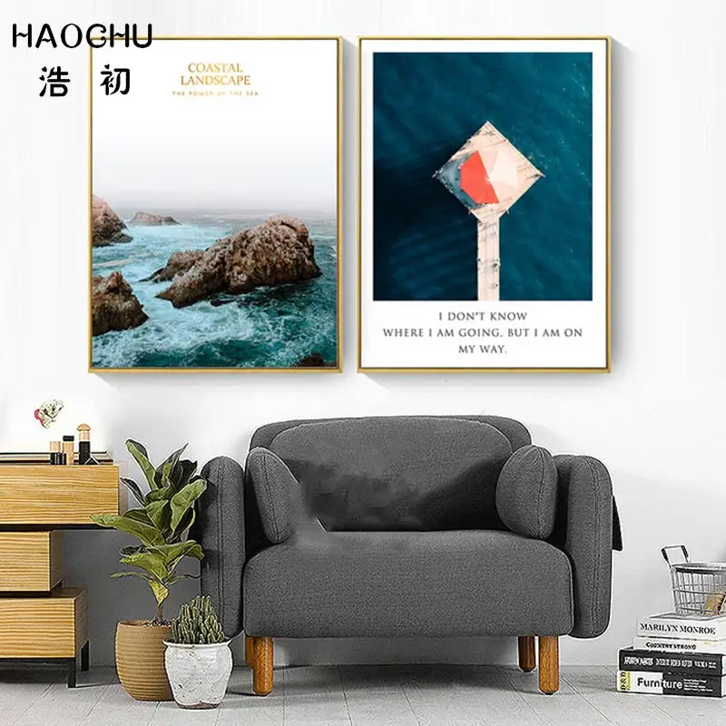 Simple Modern Landscape Home Decor Triple Pictures The Clear Sea With Big Rocks White Waves Smart Bridge Paintings Canvas Poster | Дом и сад
