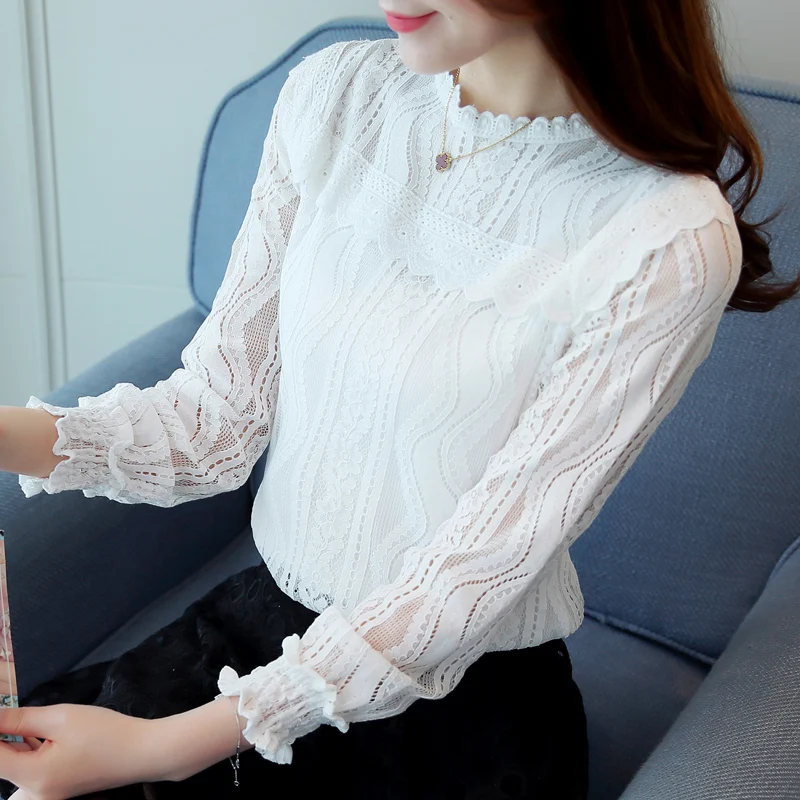 Женские Длинные рукава Кружевная Мода для девочек 2017 Весна Осень женские блузки