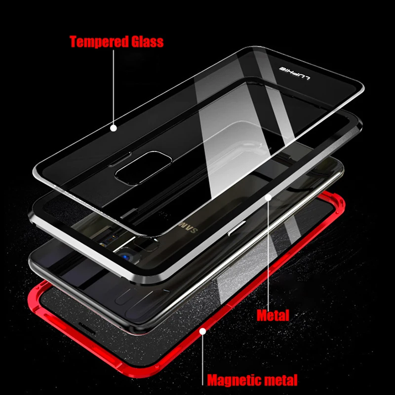 KSELF Металла Магнитный чехол для Samsung S9 S8 Plus Note 9 + закаленное Стекло назад магнит