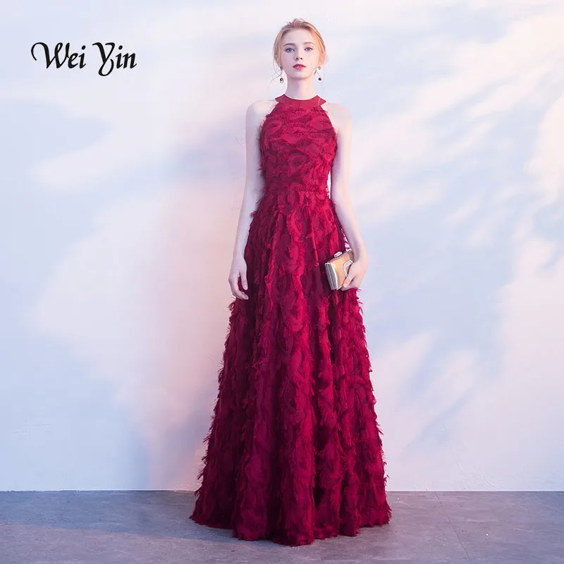 Weiyin бургундское Элегантное длинное вечернее платье, сексуальное, кружевное, с перьями, длина до пола, вечерние платья для выпускного вечера, вечерние платья, vestido de festa - Цвет: Burgundy