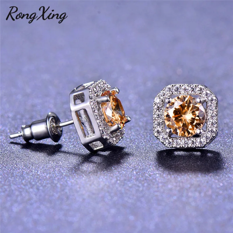 RongXing 925 пробы, заполненные серебром, белый/синий/зеленый огненный опал, циркониевые квадратные серьги-гвоздики для женщин, радужные серьги с камнем рождения