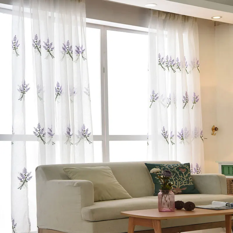 High-grade white embroidered lavender flowers European style tulle curtains bedroom / living room balcony 2 colors | Дом и сад
