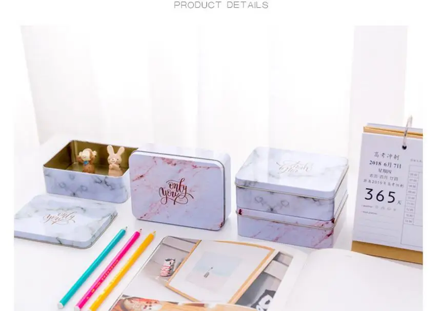 Creative tinplate marble texture storage case stationery holder daily desktop sorting box wedding candy box school office supply