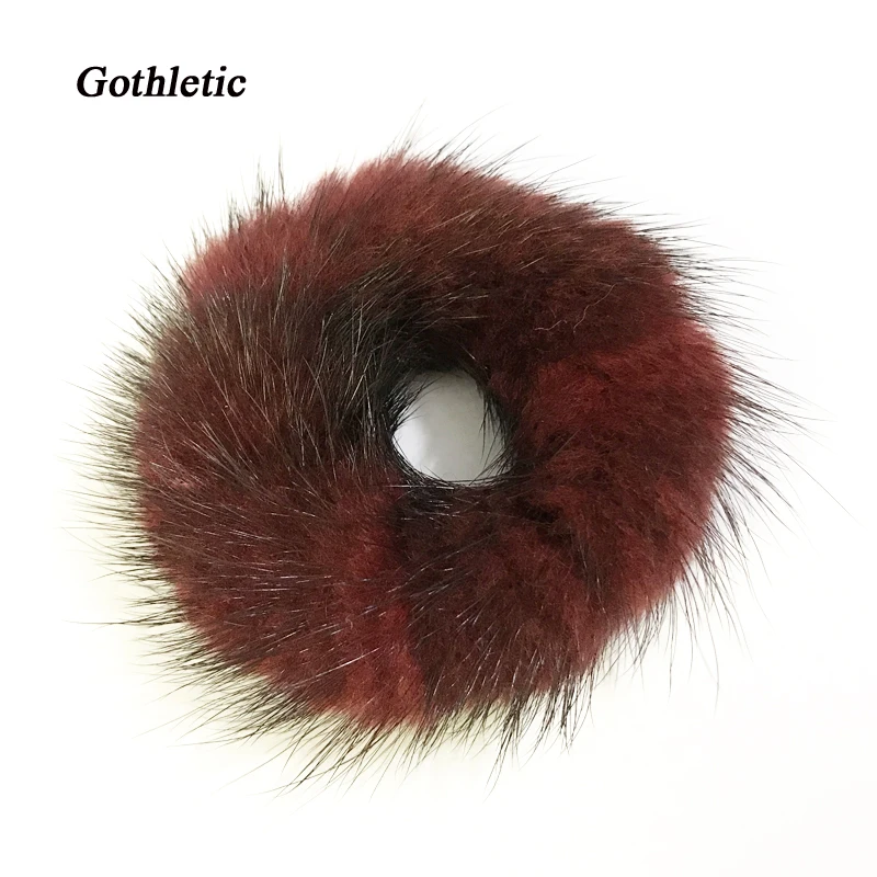 Стрейчевый браслет Gothletic черный коричневый бордовый серый с натуральным мехом