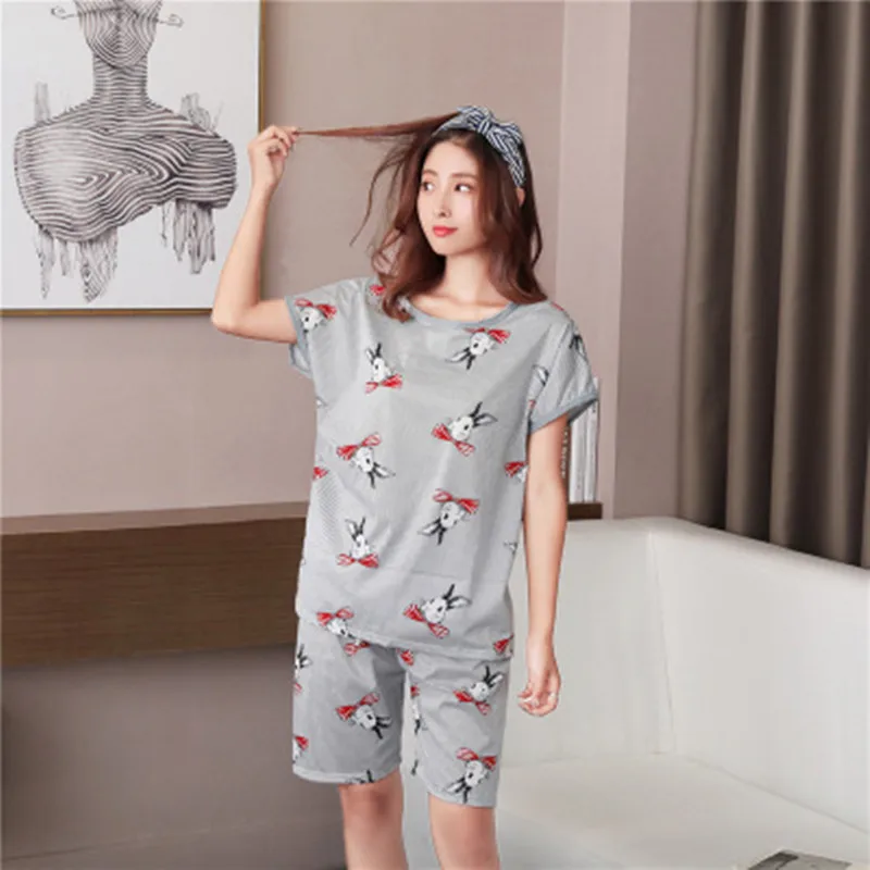 Cute Rabbit Пижамный комплект Для женщин летние платья для мамы с сексуальным цветочным Пижама с вышивкой короткий рукав шорты 2 шт./компл. вентиляции домашнее белье, одежда для сна - Цвет: Cute Rabbit