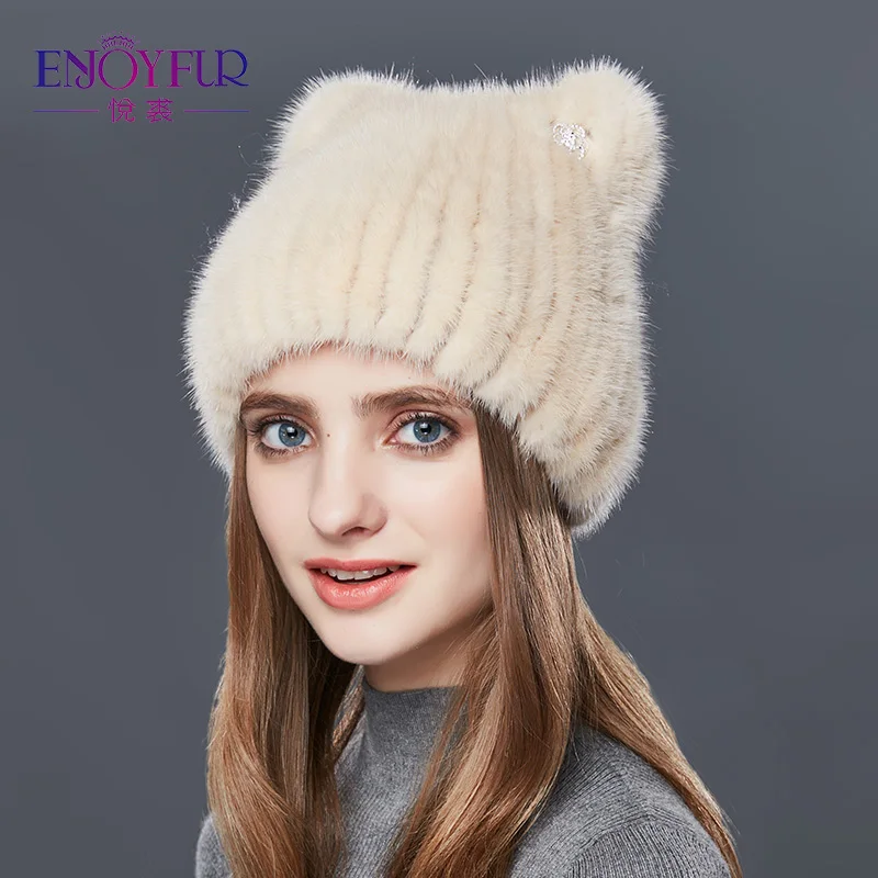 09 ENJOYFUR шапки из натурального меха норки для женщин, милая Толстая зимняя шапка с кошачьими ушками, женская модная меховая шапка, стразы, вязаные шапки - Цвет: 09