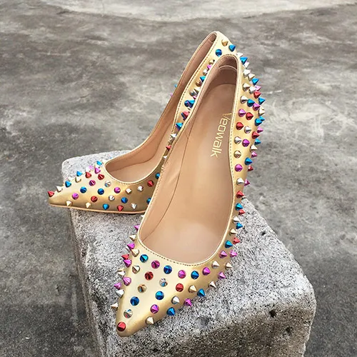 Nude PU 8cm heels Veowalk/; пикантные женские туфли-лодочки с острым носком и заклепками; обувь на очень высоком ультратонком каблуке; женская модная обувь из лакированной кожи для вечеринок - Цвет: Nude PU 8cm heels