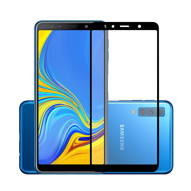 Защитное стекло 2.5D 9H Premium для Samsung Galaxy A7 2018 с полным покрытием экрана и защитными пленками.