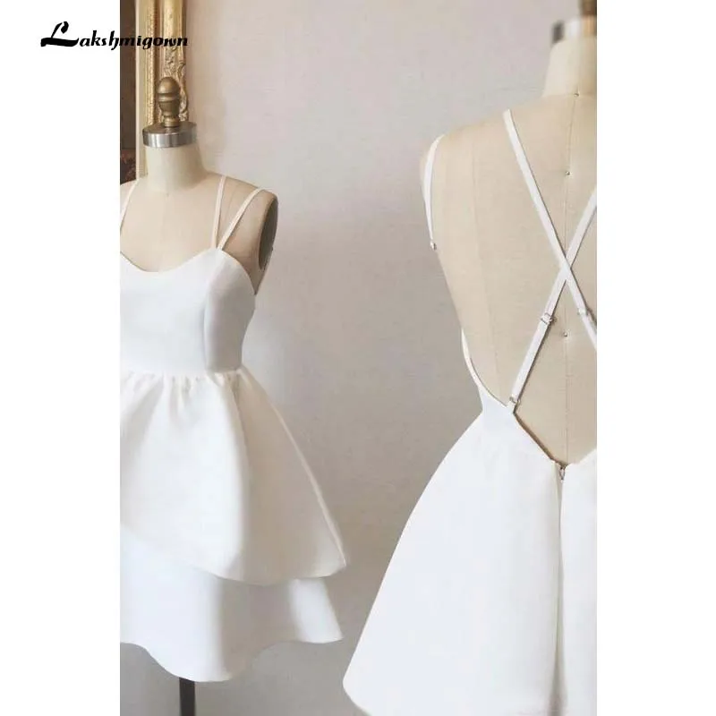 

Simple Ivory Spaghetti Strap Satin Short Wedding Dresses Spaghetti Straps Beach Bridal Party Dresses