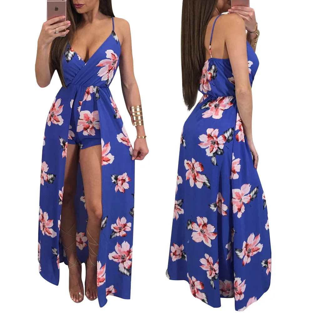 

Blue Sexy Split Tight Dress Shorts Nightclub Printing V-neck Dress Summer Sexy Strapless Ankle-length Dress beach boho flower