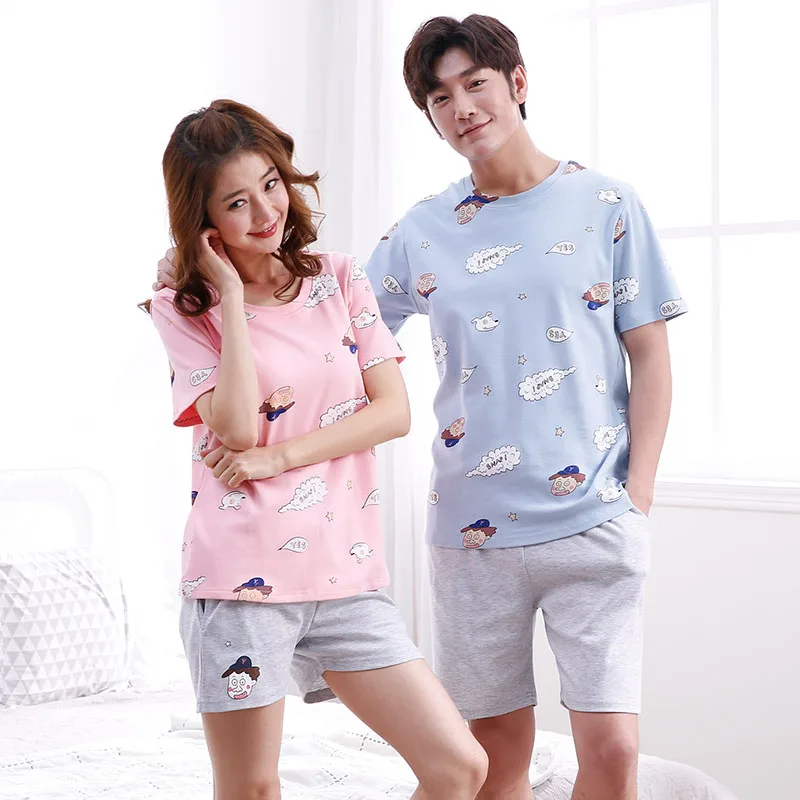 Летние Для женщин пижамы короткий рукав с круглым вырезом костюм пара сладкий