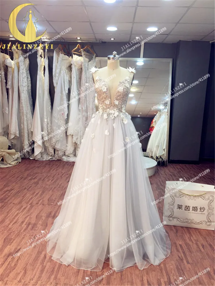 JIALINZEYI Real Image Sample Sexy Sexy V Neck Light Grey Crystal Flowers Tulle A-line Fashion party dresses evening dress 2020