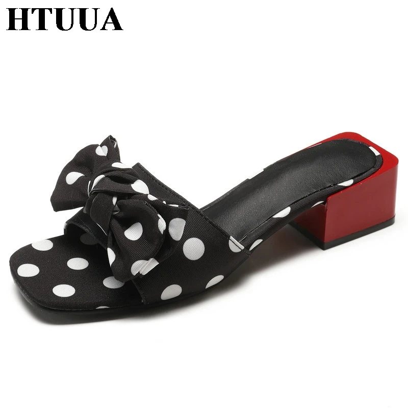 HTUUA/Новинка Туфли женские шлепанцы с бантом в горошек пляжные вьетнамки Летняя