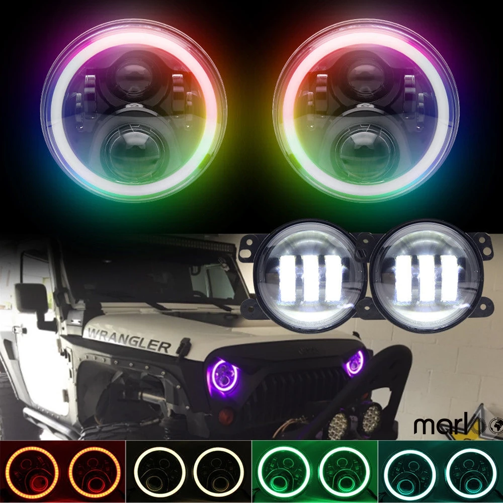 Bluetooth App Управление RGB Halo 7 дюймов светодиодные фары с 4 &quotсветодиодные