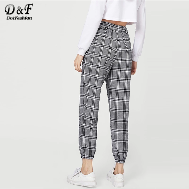 Dotfashion/серые клетчатые штаны с карманами и эластичной талией для женщин; повседневные брюки; коллекция года; Осенняя модная одежда для женщин; брюки в Корейском стиле
