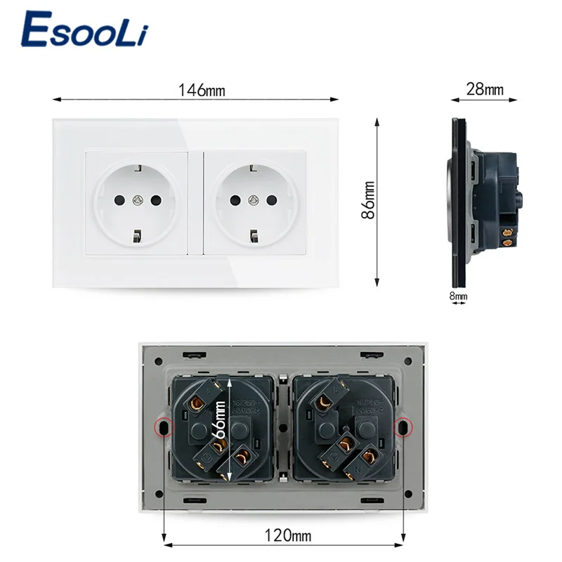 Esooli 16A двойная настенная розетка стандарта ЕС Хрустальная стеклянная панель