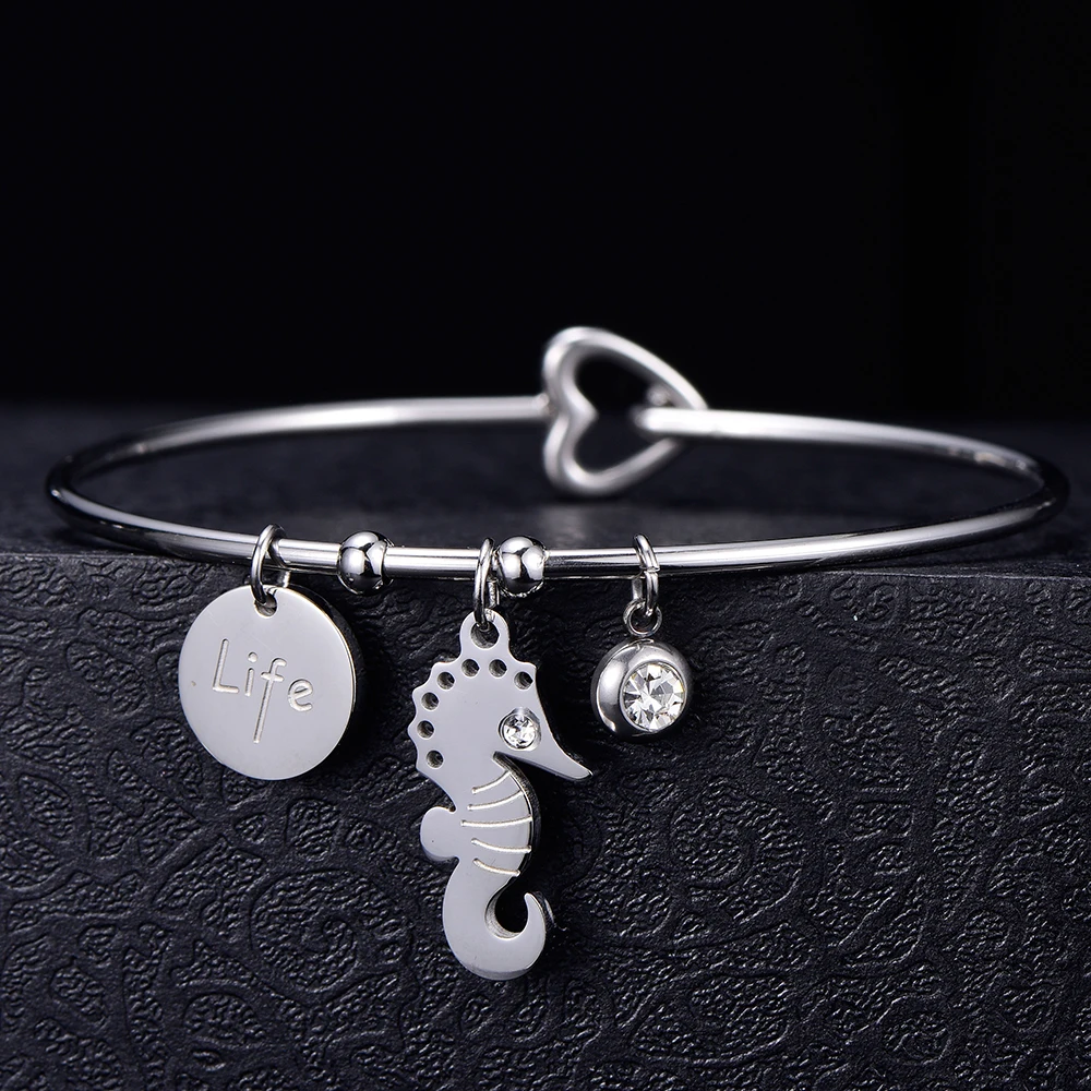 Simple Crystal Round Seahorse Bangle For Women Charm LOVE Cuff Bracelets&ampBangle Top Color Brand Couples Jewelry 2019 Gift | Украшения и
