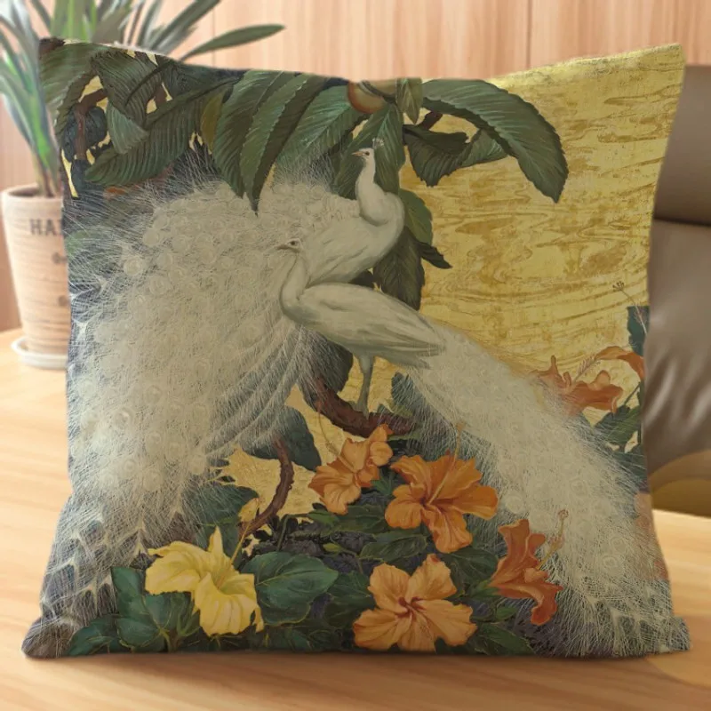 Luxury Chinese Unique Peacock Print Cushion Cover Elegant Flower Poeny Print Pattern Pillow Case Pillowcase Home Decoration images - 6