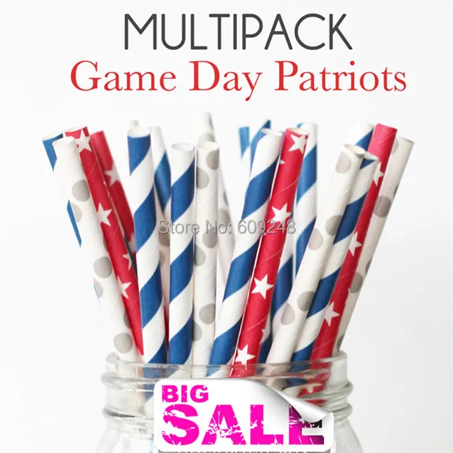 

150pcs Mixed Colors Game Day Patriots Paper Straws,Navy Stripe,Silver Polka Dot and Red with White Star,4th July Party Straws