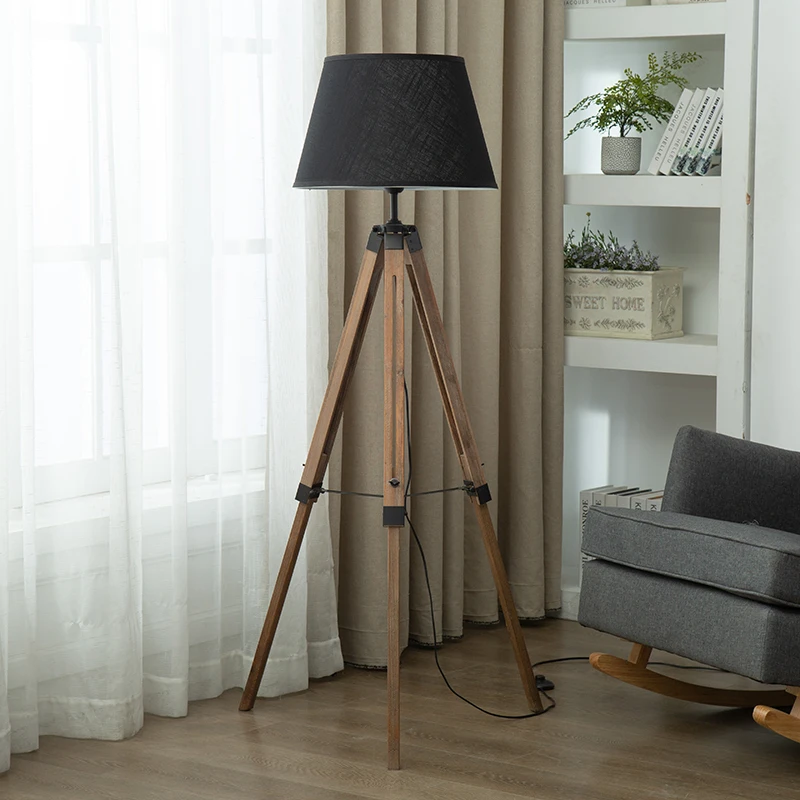 black floor lamp Ins, деревянный тренога, торшер, креативный, для учебы, спальни, прикроватный тренога, торшер, для гостиной, американский, простой, торшер - Цвет абажура: black floor lamp