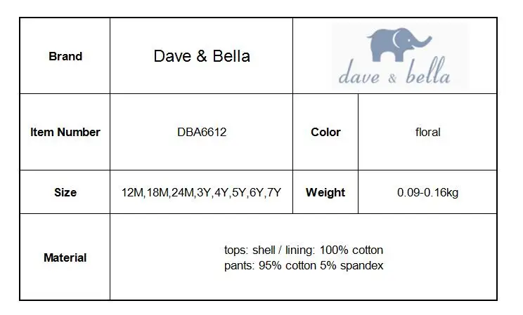 Dave bella/летние комплекты одежды для маленьких девочек; модные детские костюмы с цветочным принтом; детская одежда высокого качества; DBA6612