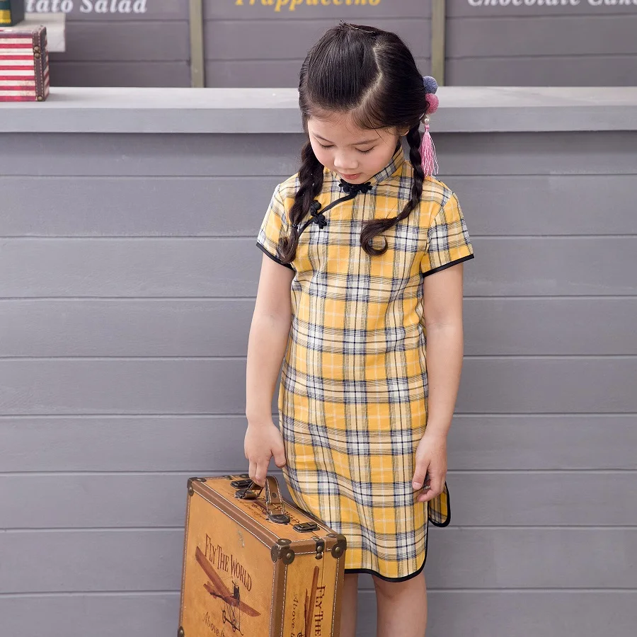 

Chinese Style Baby Girls Dress Plaid Vintage Cheongsam Kids Cotton Short Sleeve Dresses Party Costume Children Clothes