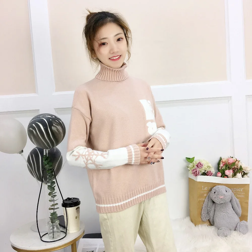 New Korean version love high-collar net red Snowflake Sweater ladies lazy wind Pullover loose and thick couple winter dress | Женская