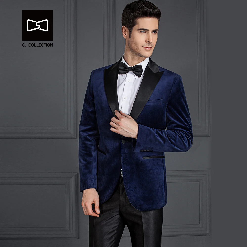 Заказ Для мужчин бархат синий костюм Slim Fit Свадебный смокинг 2 шт.