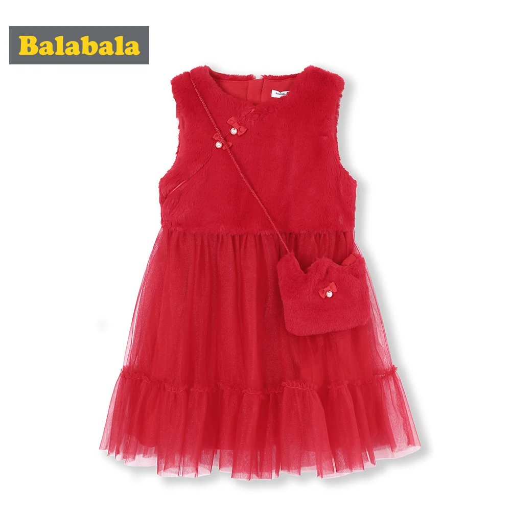 Balabala Girls Rabbit Fur Sleeveless Tulle Dress Cross-Body Bag Children Kid Max-Fabric Wedding Party Dresses Lined | Детская одежда и