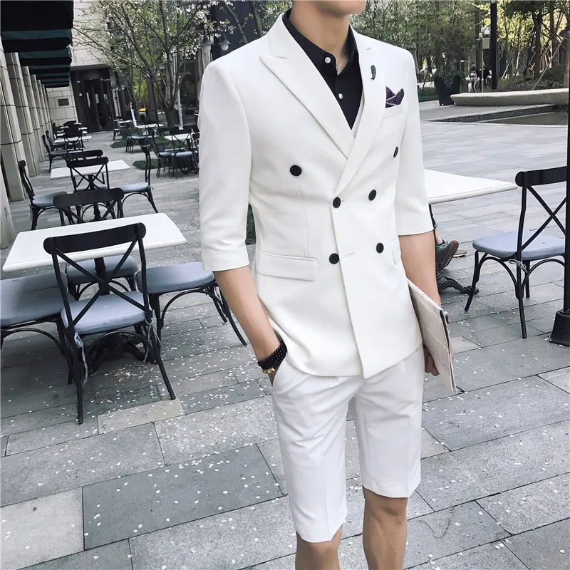 Costume Double Boutonnage Homme Man Slim Fit 3Pcs Sets Mid-sleeve Blazers+Vest+Pants/Shorts Business Casual Dress Male | Мужская одежда