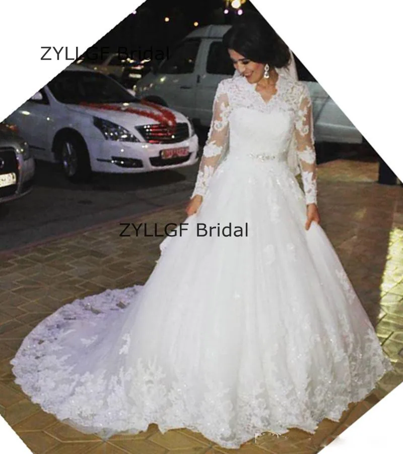 ZYLLFG Люкс Бальное платье Халат Де Mariage 2017 Развертки Поезд С Длинным Рукавом Кантри