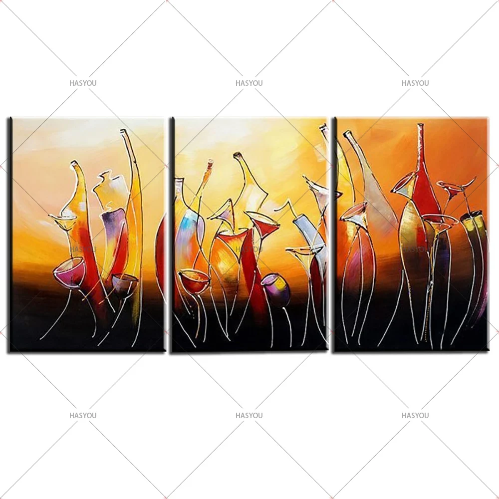 

100% Hand-Painted Modern Abstract Bottle Wine Oleo 3 Panel Canvas Painting For Living Room Kitchen Decor Wall Pictures Art Sets