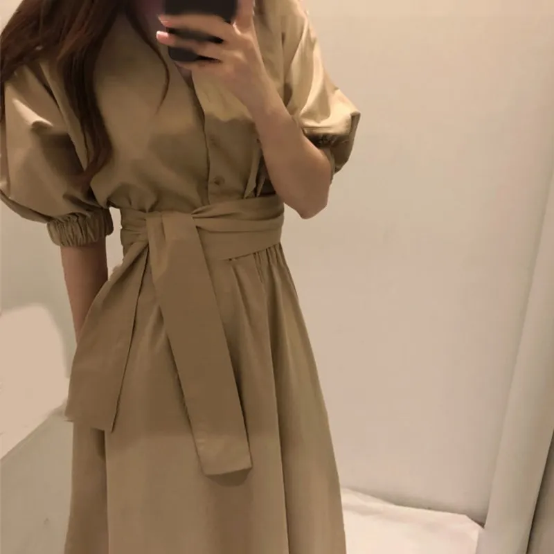 Платье женское повседневное однотонное с рукавом-фонариком коротким рукавом