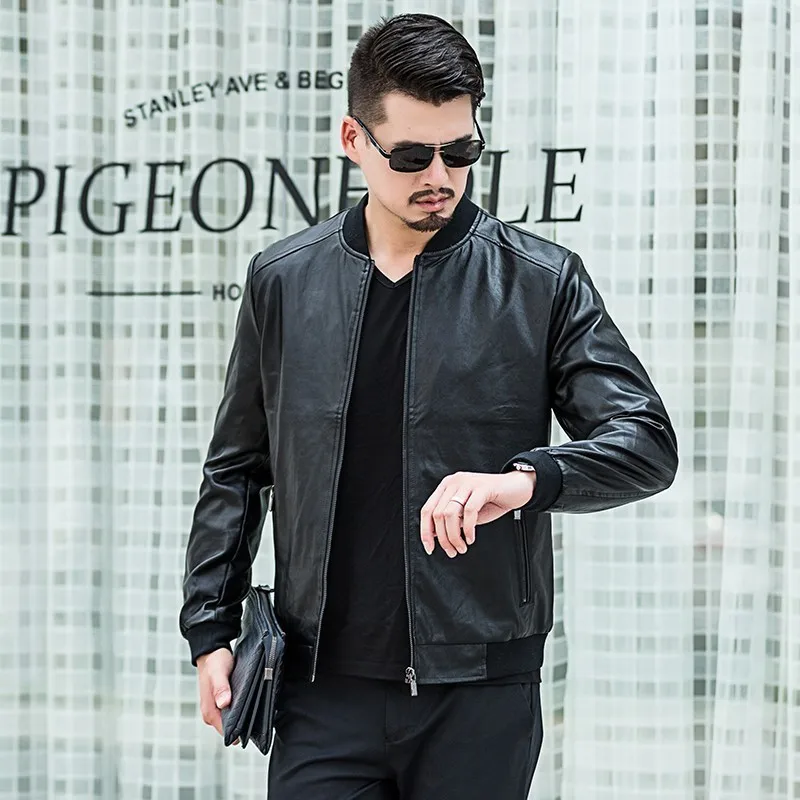 Мужская кожаная куртка-бомбер из натуральной овечьей кожи на осень/весну | одежда
