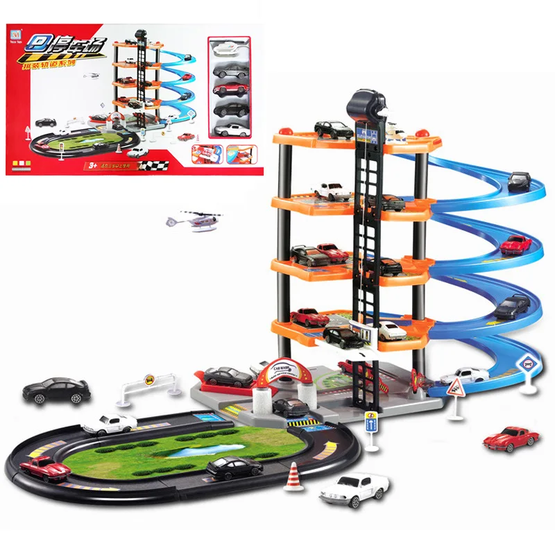 

large Kids Assembled Parking Rail Car Toy Manual DIY Early Education Five Layer Plastic Tracks Including 4 cars + 1 airplane