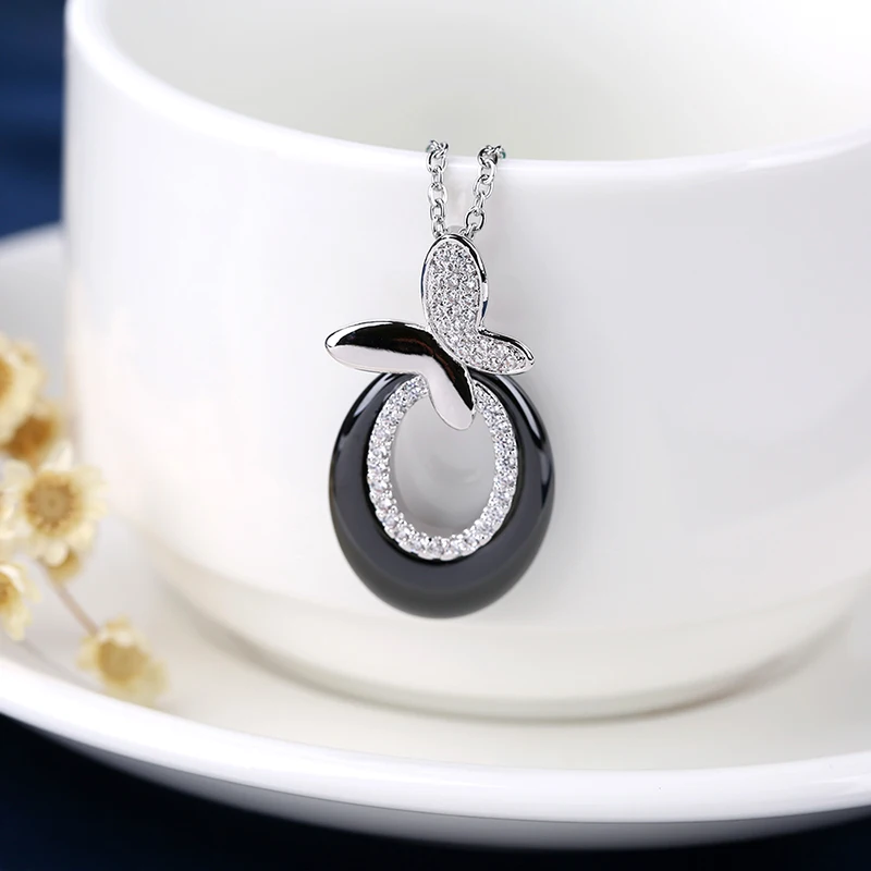 Black White Necklaces &amp Pendant Ceramic Crystal Necklace Transparent Glaze Silver Chain Butterfly Wedding Jewelry Gift | Украшения и
