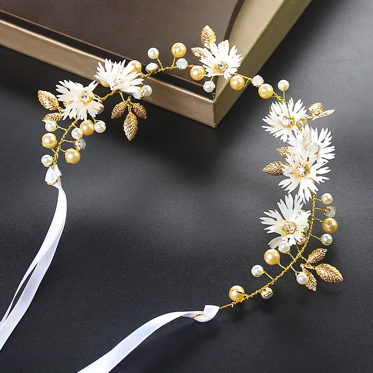 Candy house natural wind bride wedding decorations Baroque golden leaf soft head ornament pearl hair headband | Украшения и