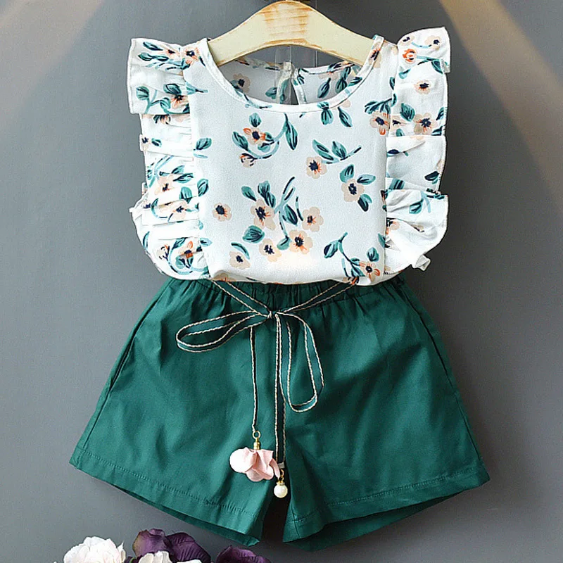 2021 New Summer  Girls Clothing Set Cute Flowers Flying Sleeves T-shirt+ Shorts Kids Suit Toddler Baby Girls Clothes