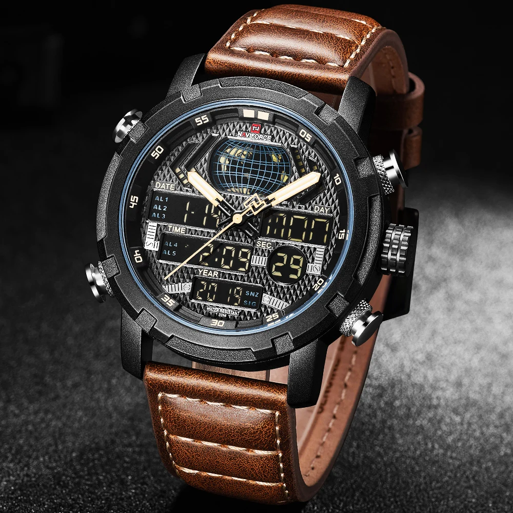 9160 бренд NAVIFORCE, мужские часы s, водонепроницаемые светодиодные цифровые кварцевые часы, мужские Модные кожаные спортивные наручные часы, мужские часы