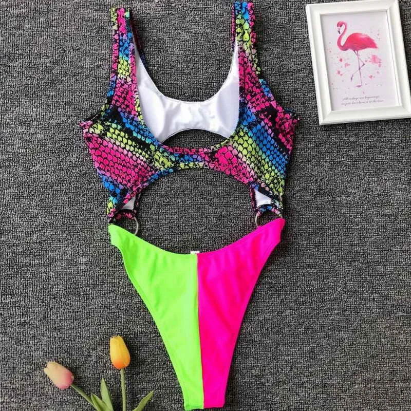 Top Quality Sexy Leopard Snake Print Women String Bikini Swimwear Hollow High Waisted One Piece Swimsuit |