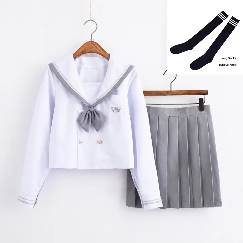Long Set With Socks UPHYD школьная форма для девочек с длинным рукавом JK Униформа белая рубашка+ плиссированная юбка аниме косплей костюм матроса костюмы W86 - Цвет: Long Set With Socks