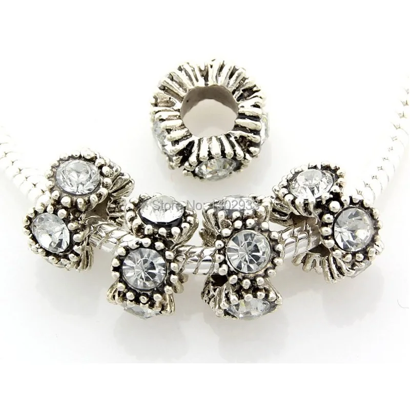 5 шт. винтажные серебряные бусины с большим отверстием инкрустация прозрачные