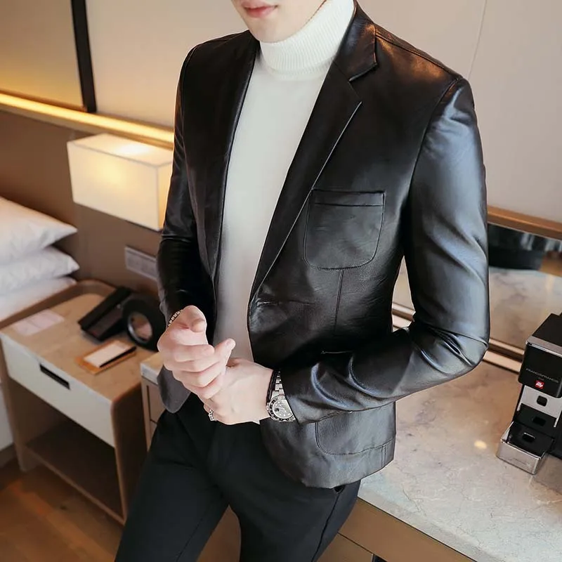 

Autumn Black Men PU Suit Jacket Fashion Casual Leather Coats men Slim blazer coat
